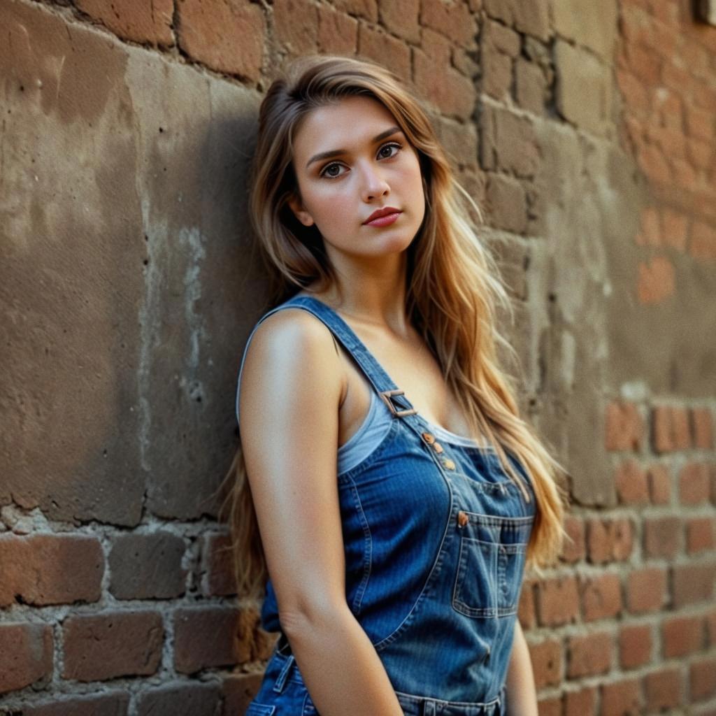 Confident Woman in Denim Overalls Against Brick Wall