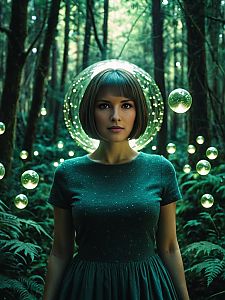 Mystical Woman in Forest Surrounded by Glowing Floating Orbs
