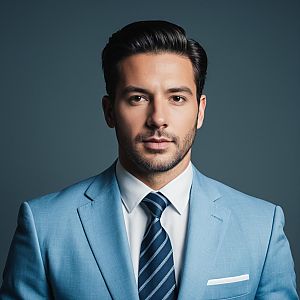 Professional Portrait of Young Man in Light Blue Suit with Navy Tie