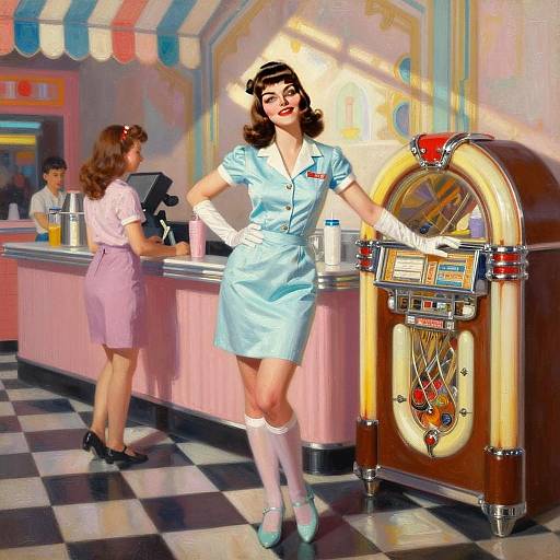Retro 1950s Diner Waitress with Jukebox Vintage Illustration