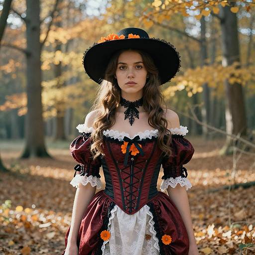 Victorian Style Woman in Red Corset Dress with Black Hat in Autumn Forest