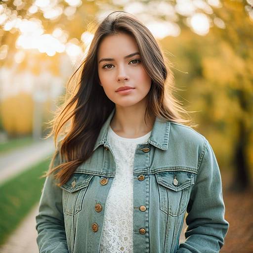 Portrait of Young Woman in Denim Jacket during Autumn Outdoors
