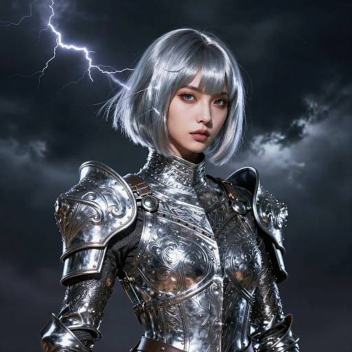 Futuristic Silver-Haired Woman in Ornate Armor with Lightning Storm