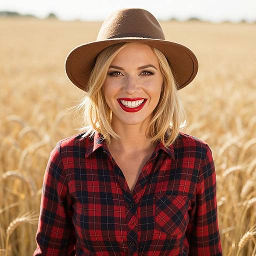 Smiling Woman in Red Plaid Shirt and Brown Hat in Wheat Field