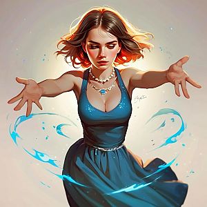 Young Woman in Flowing Blue Dress Controlling Water
