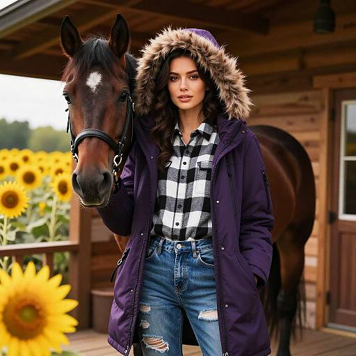 Woman in Dark Purple Parka Jacket with Horse by Sunflowers and Stable