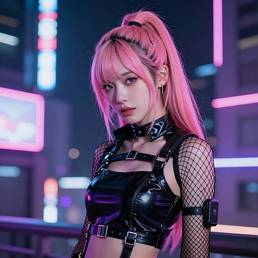 Cyberpunk Style Woman with Pink Hair in Neon City at Night