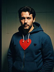Man in Blue Hoodie with Red Heart Symbol