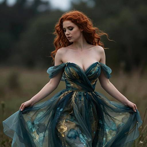 Elegant Red-Haired Woman in Teal Gold-Accented Gown Outdoors