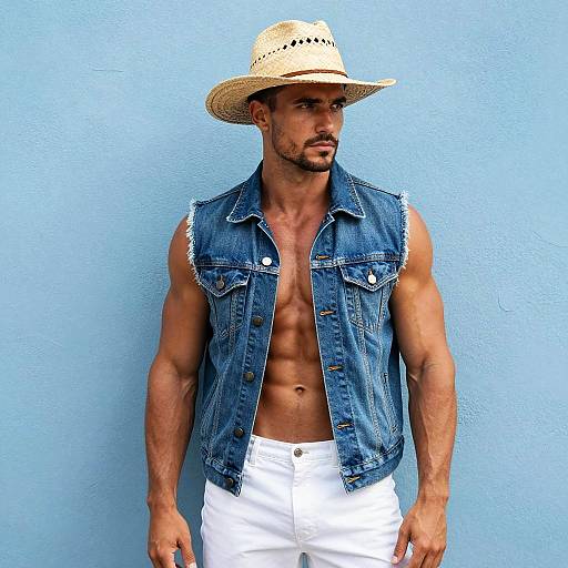 Stylish Muscular Man in Sleeveless Denim Vest and Cowboy Hat Against Blue Wall