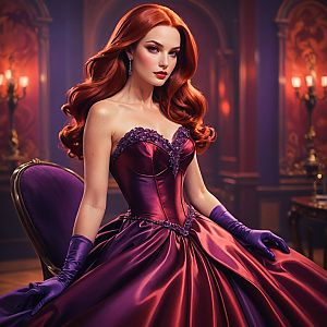 Elegant Woman in Purple Corset Gown with Red Hair