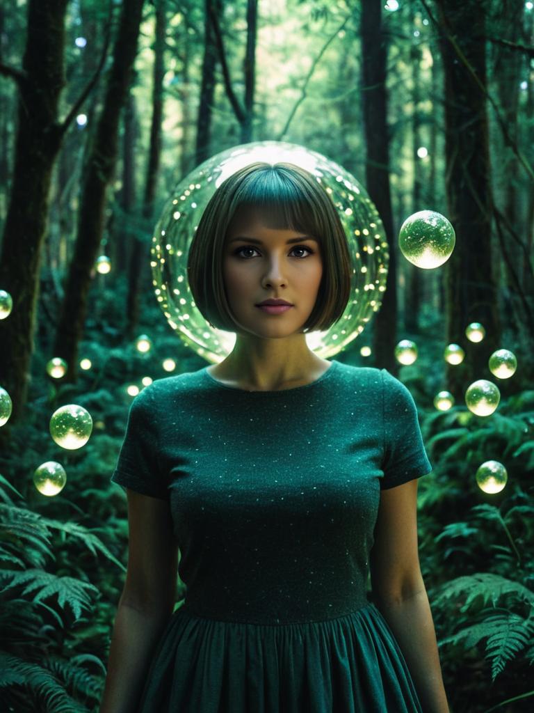 Mystical Woman in Forest Surrounded by Glowing Floating Orbs