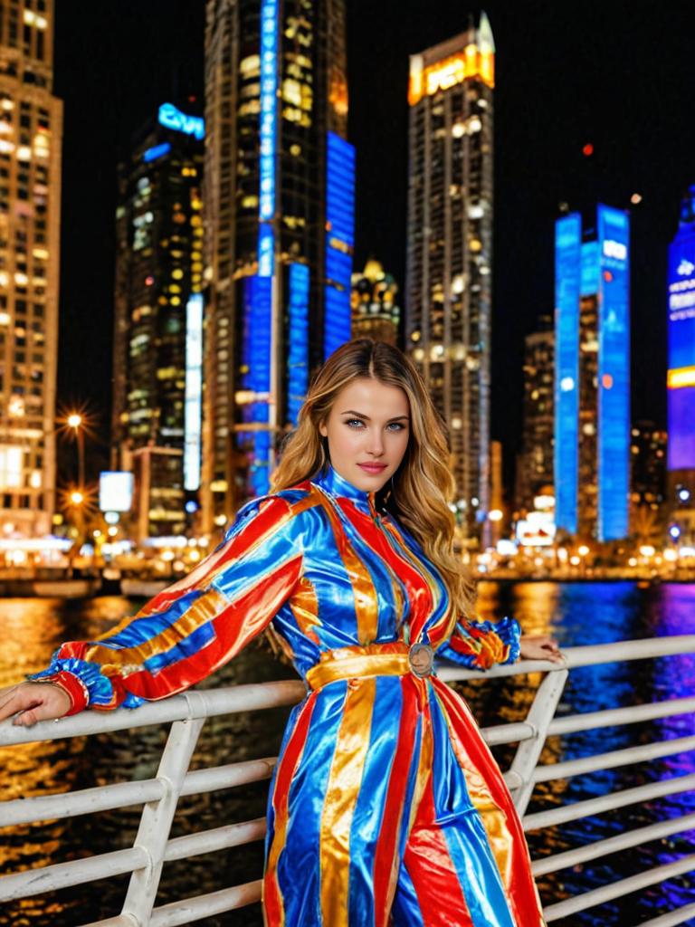 Woman in Multicolored Striped Satin Dress at Night