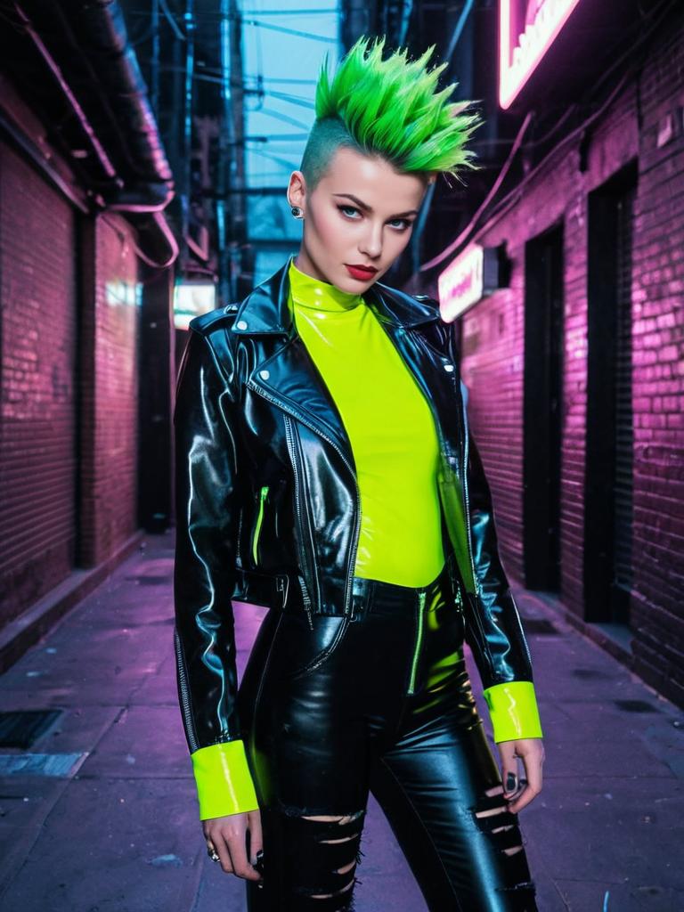 Punk Rock Woman with Neon Green Hair in Urban Neon Alley