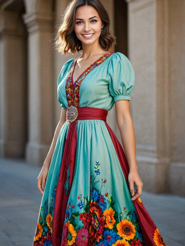 Smiling Woman in Folk-Inspired Dress