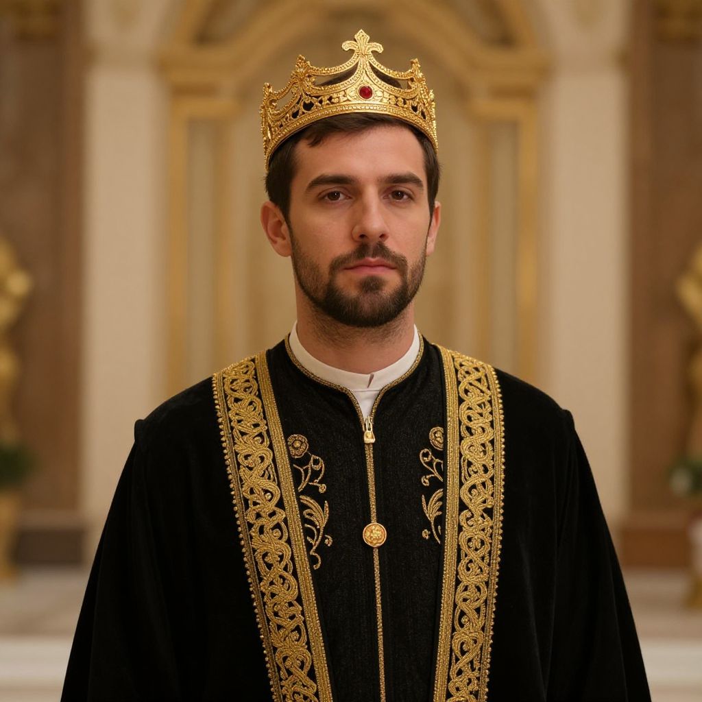 Regal Man Wearing Ornate Black and Gold Embroidered Robe with Golden Crown