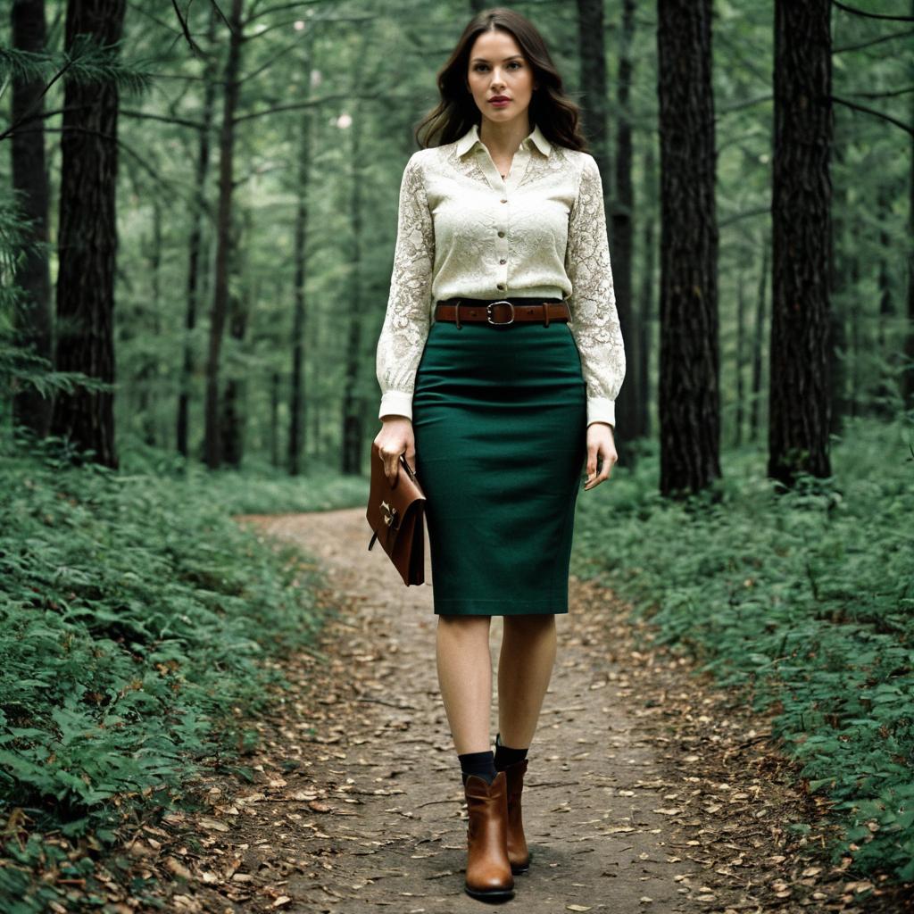 Woman Walking on Forest Trail Wearing Elegant Business Casual Outfit