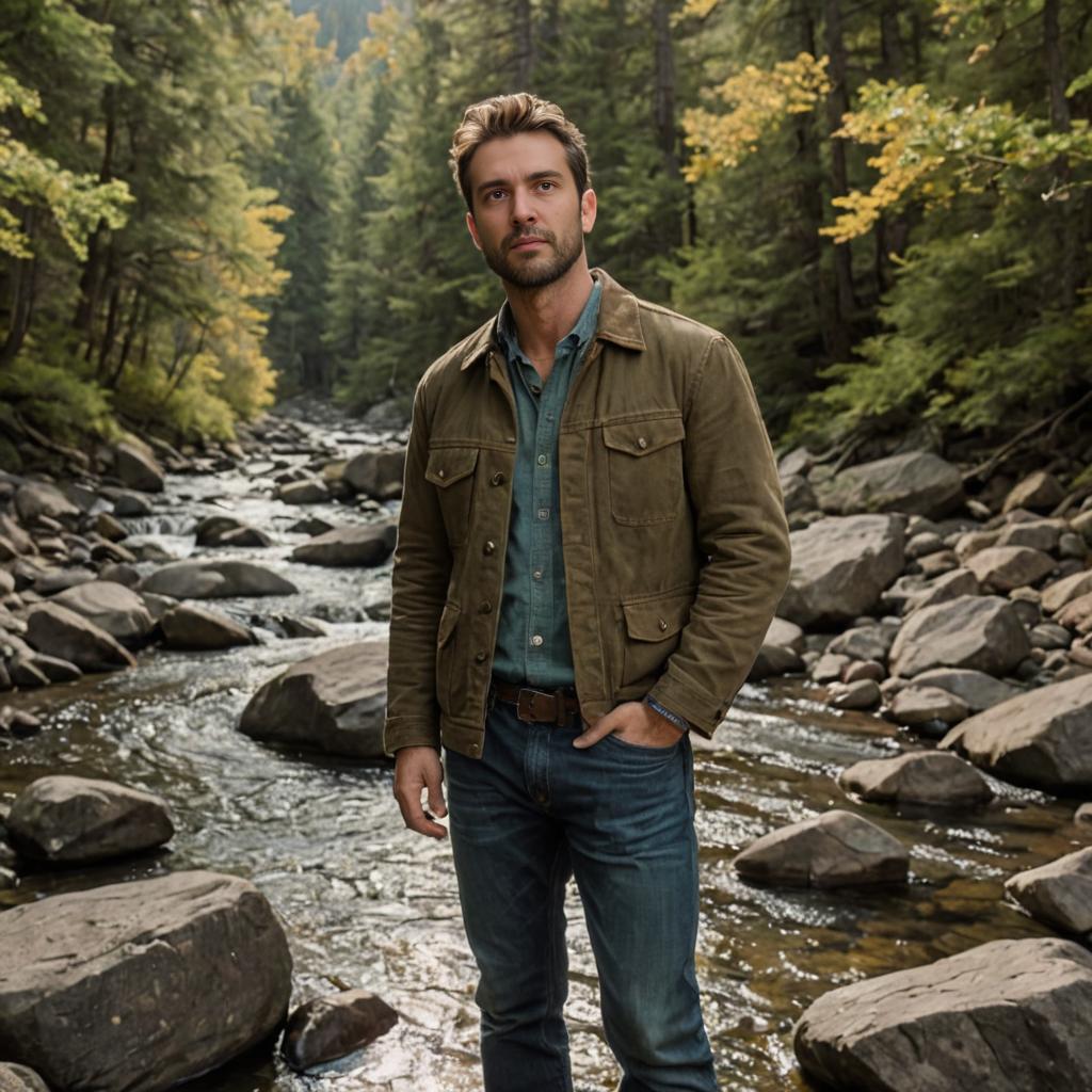 Confident Man in Serene Rocky Stream