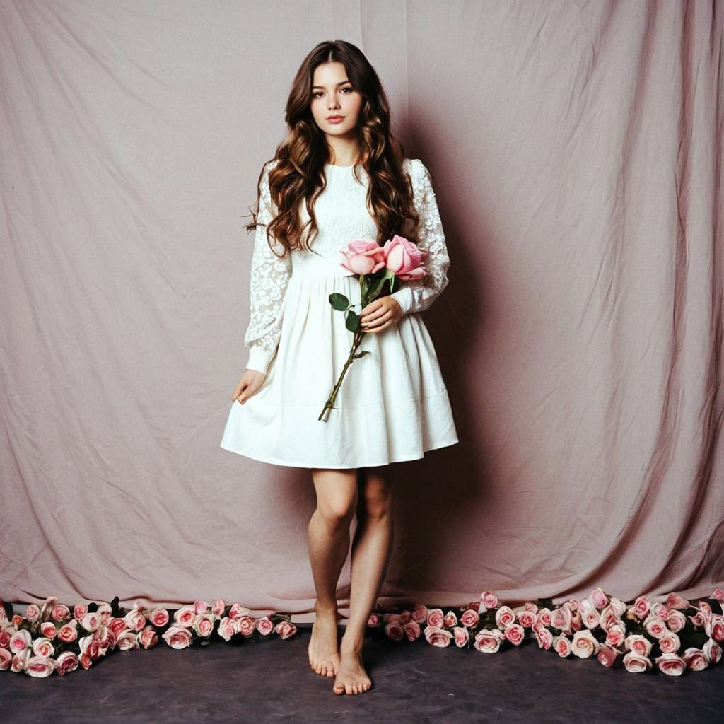 Young Woman with Pink Roses in White Dress Young Woman with Pink Roses in White Dress