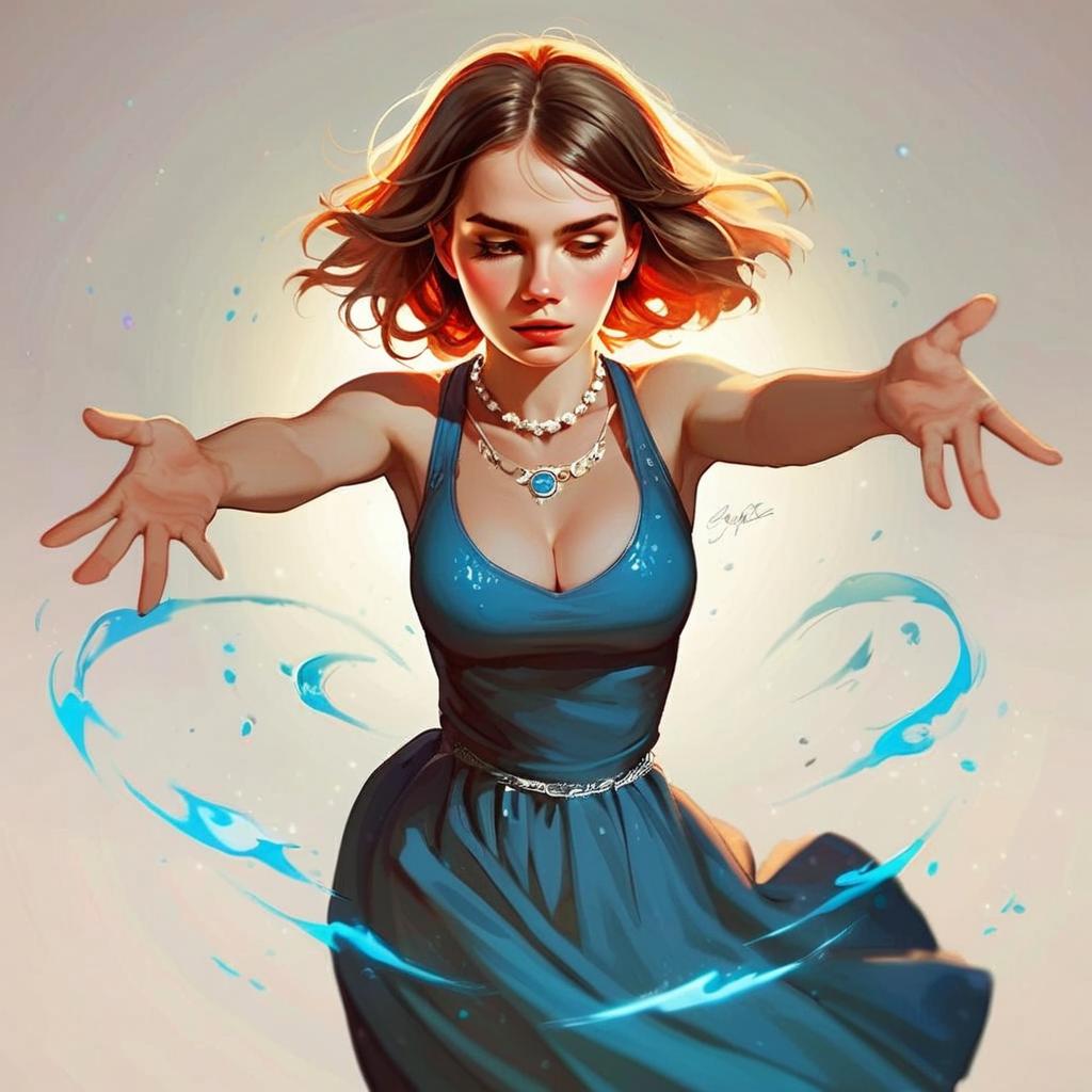 Young Woman in Flowing Blue Dress Controlling Water