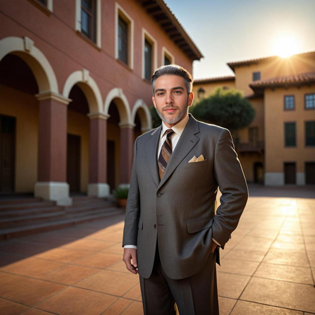 Stylish man in tailored suit against elegant architecture