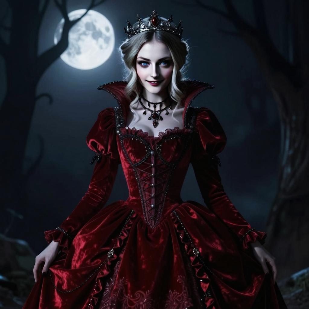 Elegant Gothic Woman in Red Velvet Dress and Crown Under Full Moon
