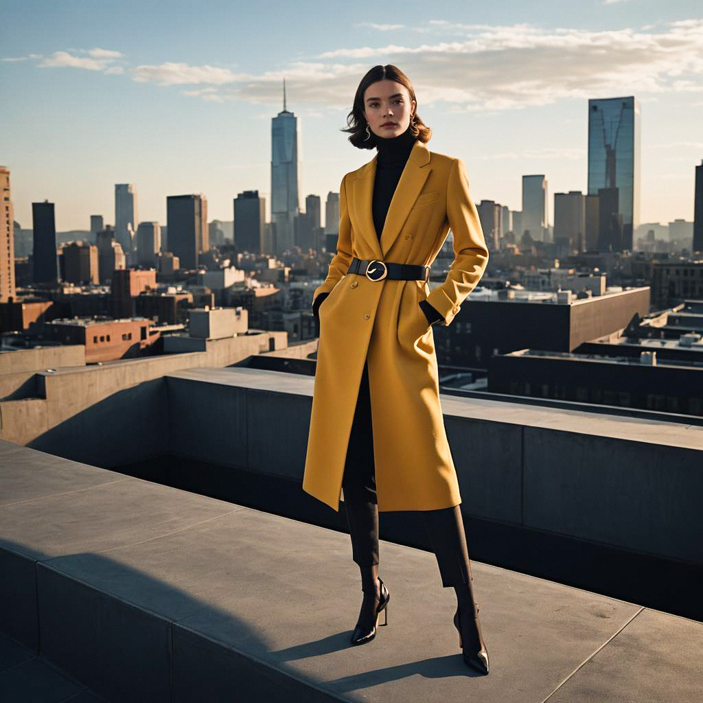 Confident Woman in Mustard Coat Overlooking City Skyline Confident Woman in Mustard Coat Overlooking City Skyline