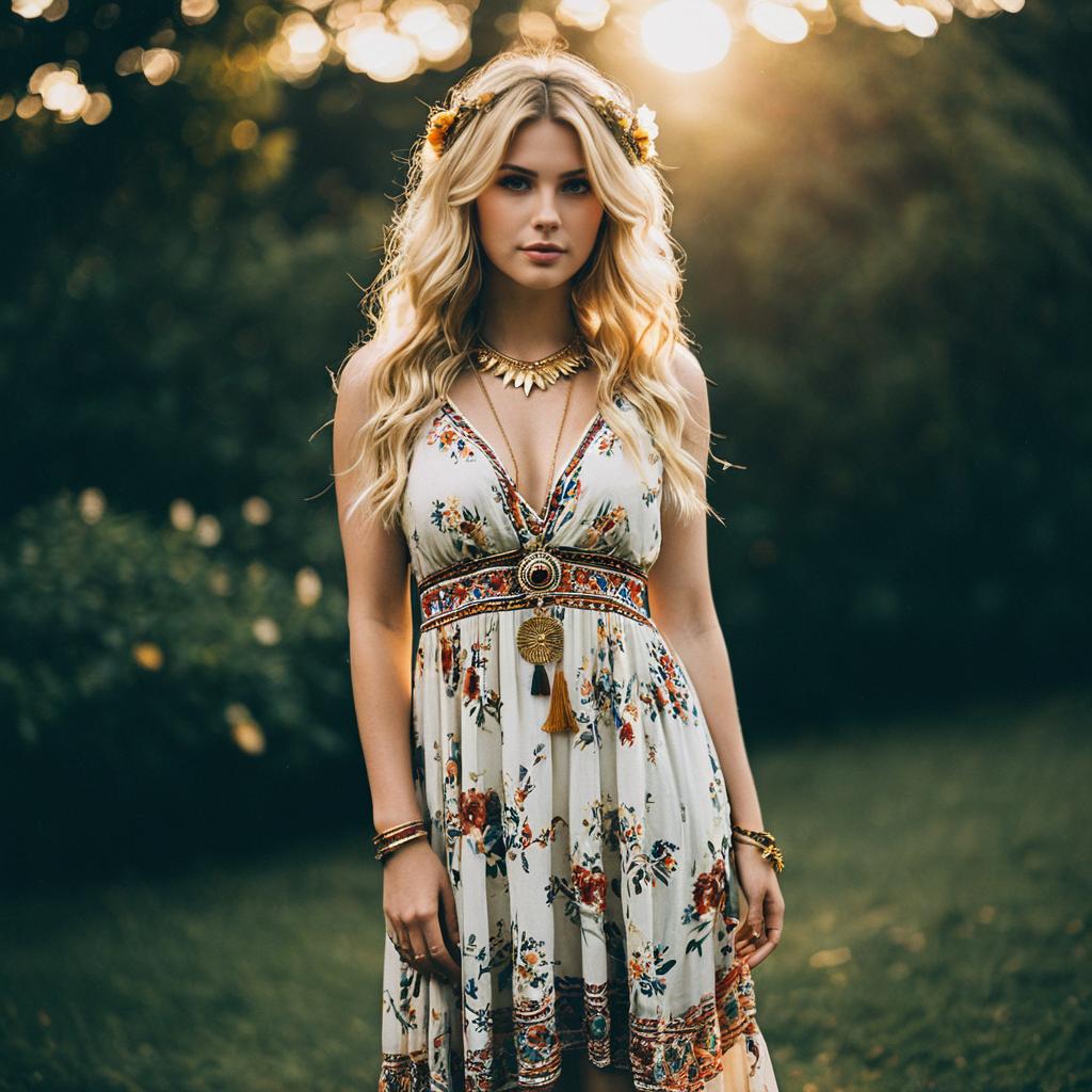 Bohemian Woman in Floral Dress Outdoor Portrait
