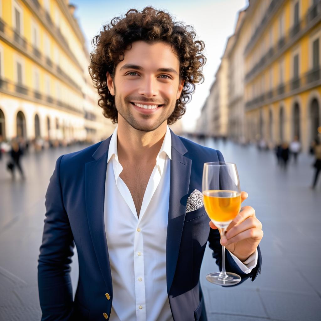 Stylish man with orange drink in city square