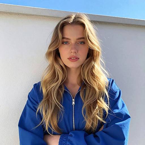 Portrait of Woman in Blue Jacket with Long Blonde Hair Outdoors