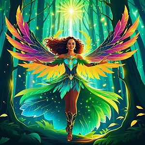 Woman with Colorful Wings in Enchanted Forest