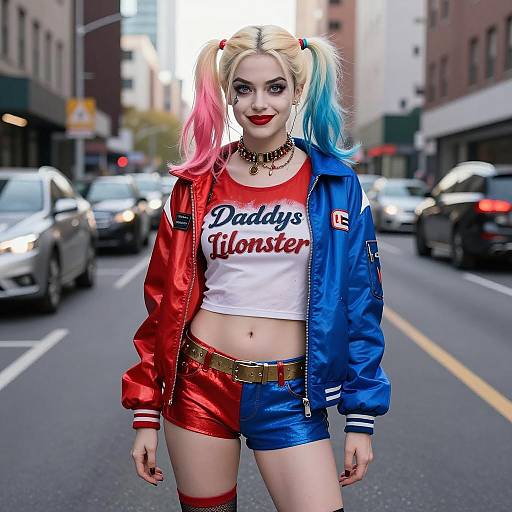Harley Quinn Cosplay Woman in Urban Street Fashion