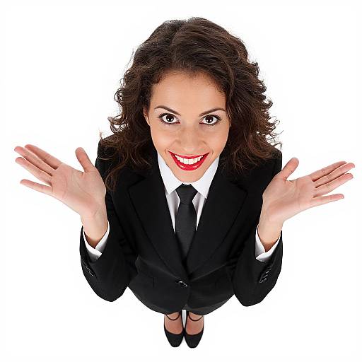 Confident Businesswoman Smiling with Open Palms in Black Suit