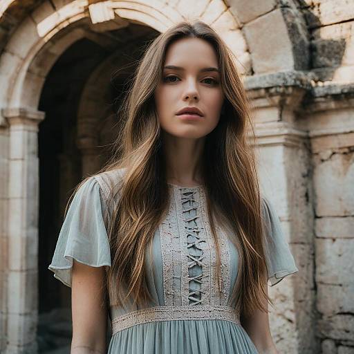 Young Woman in Vintage Blue Dress by Ancient Stone Archway