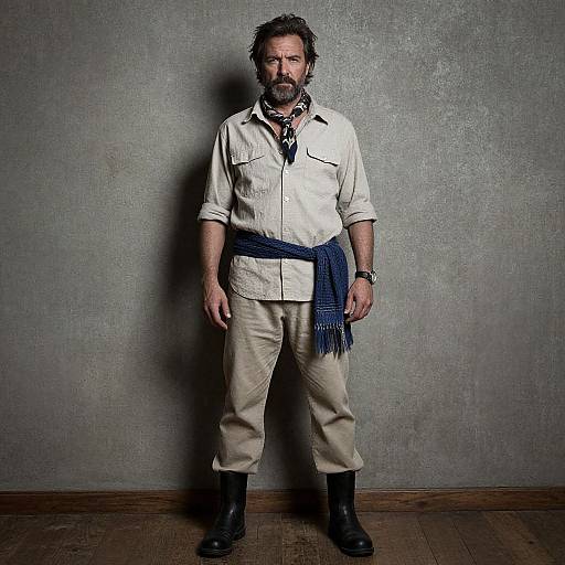 Rugged Man in Beige Outfit with Blue Scarf and Belt Standing Against Gray Wall