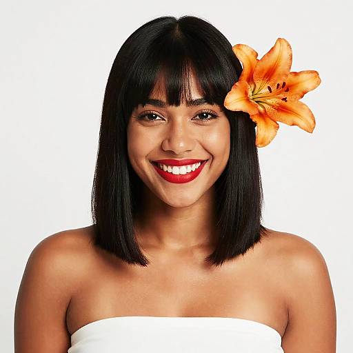 Smiling Woman with Orange Lily Flower and Red Lipstick on White Background
