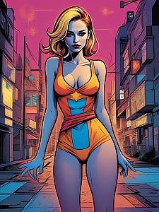 Confident Woman in Vibrant Costume Against Urban Backdrop