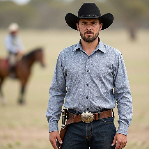 Cowboy with Black Hat and Belt Buckle in Western Landscape