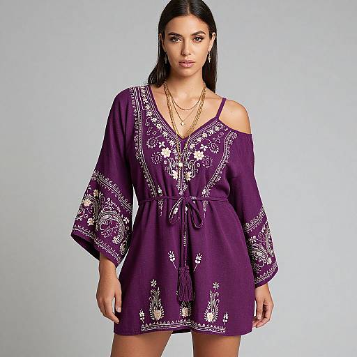 Bohemian Purple Embroidered Dress with Off-Shoulder and Belted Waist