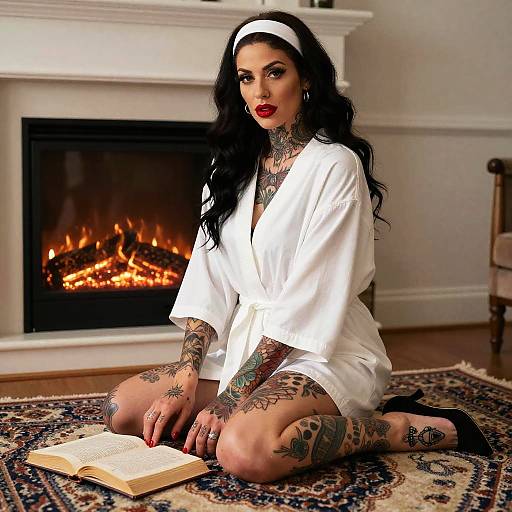 Tattooed Woman in White Robe Reading by Fireplace Indoor Portrait