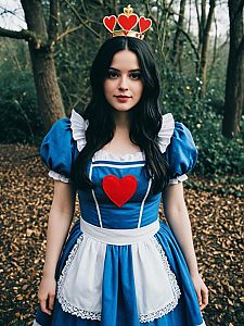 Woman in King of Hearts Costume with Blue Dress and Crown in Forest