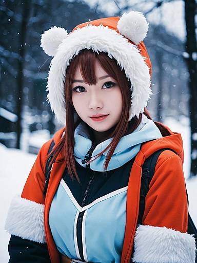 Photorealistic Anime Uraraka Winter Cosplay Portrait of Woman in Snow