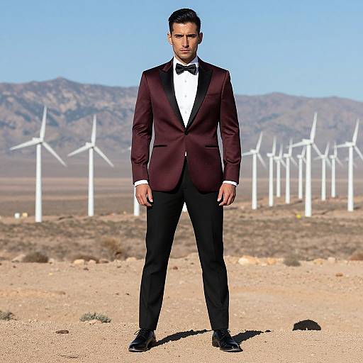 Man in Burgundy Tuxedo with Wind Turbines in Desert Landscape