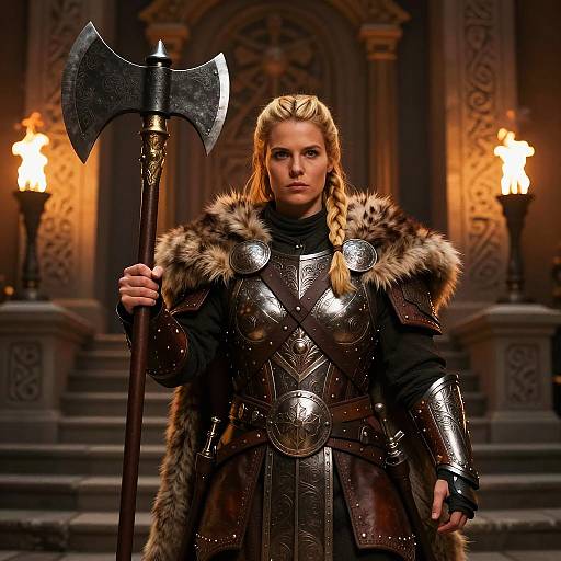 Woman Warrior in Medieval Armor Holding Battle Axe in Ornate Hall