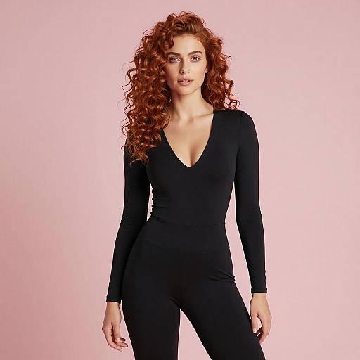 Confident Woman in Black Bodysuit with Curly Red Hair on Pink Background