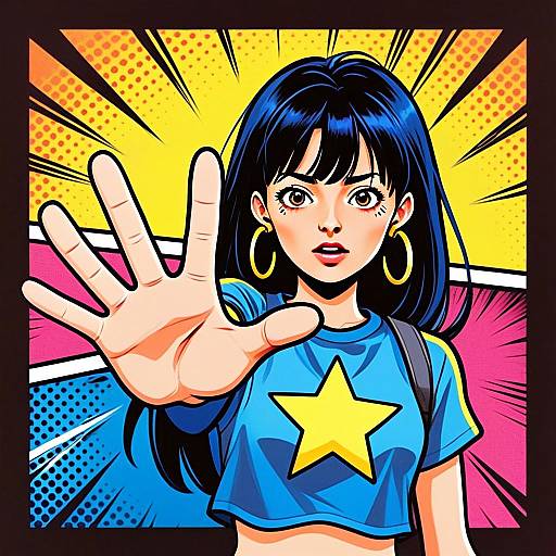 Pop Art Young Woman with Star Shirt Holding Hand Forward Illustration