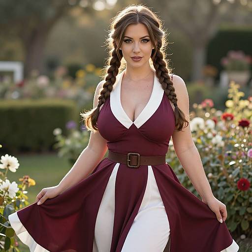 Young Woman in Burgundy and White Vintage Style Dress in Garden