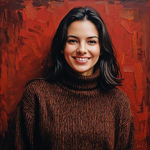 Smiling Woman in Brown Turtleneck Sweater with Abstract Red Background