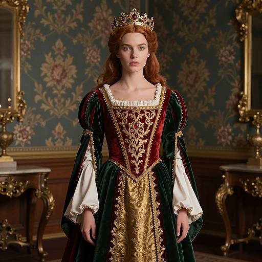 Regal Woman in Renaissance-Style Royal Gown with Jeweled Crown