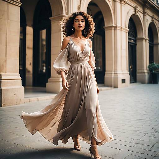 Fashionable Woman in Flowing Beige Dress Walking in Urban Archway